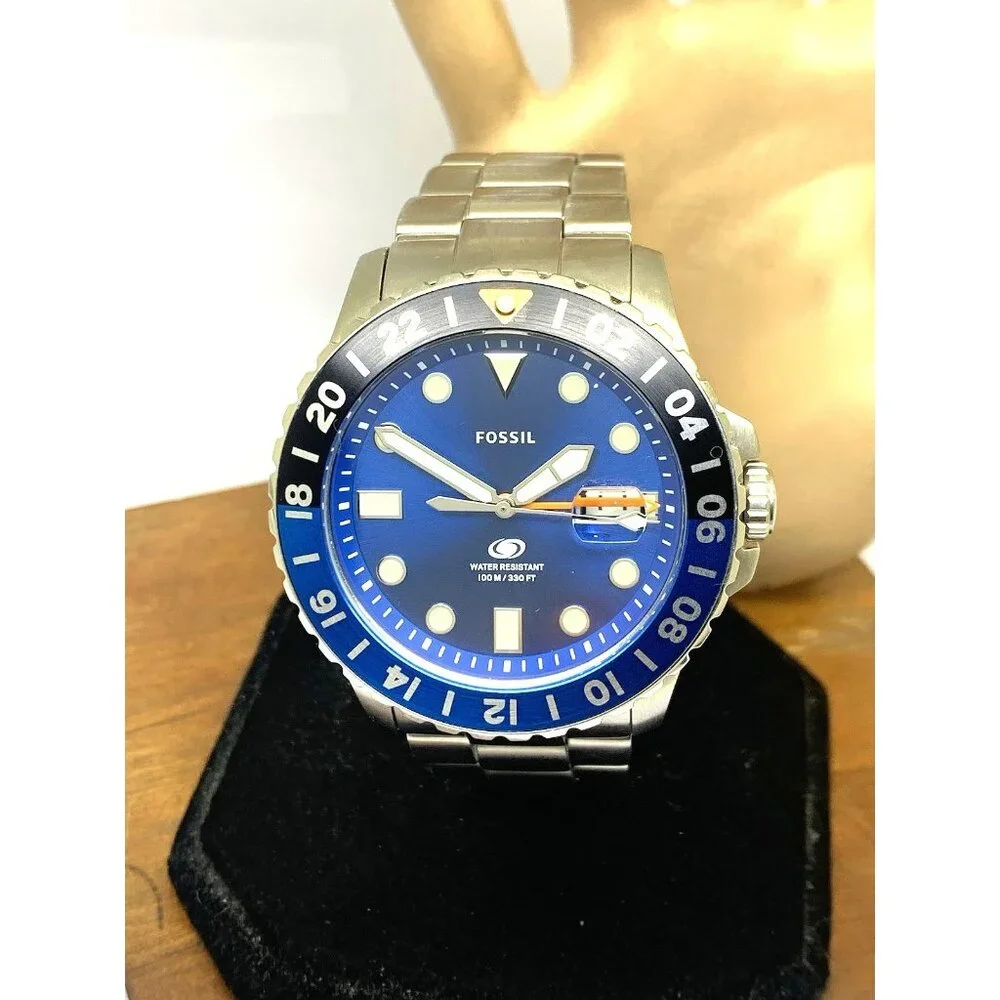 Fossil Men's Watch FS5991 GMT Quartz Blue Dial Silver Stainless Steel 46mm